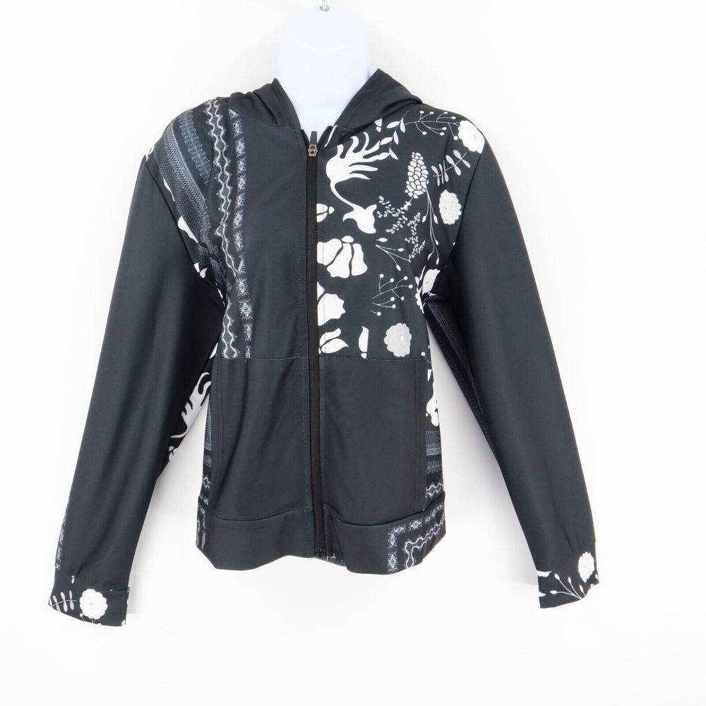 Lily by Firmiana Full Zip Jacket Womens L Shimmering‎ Black White Floral Pockets